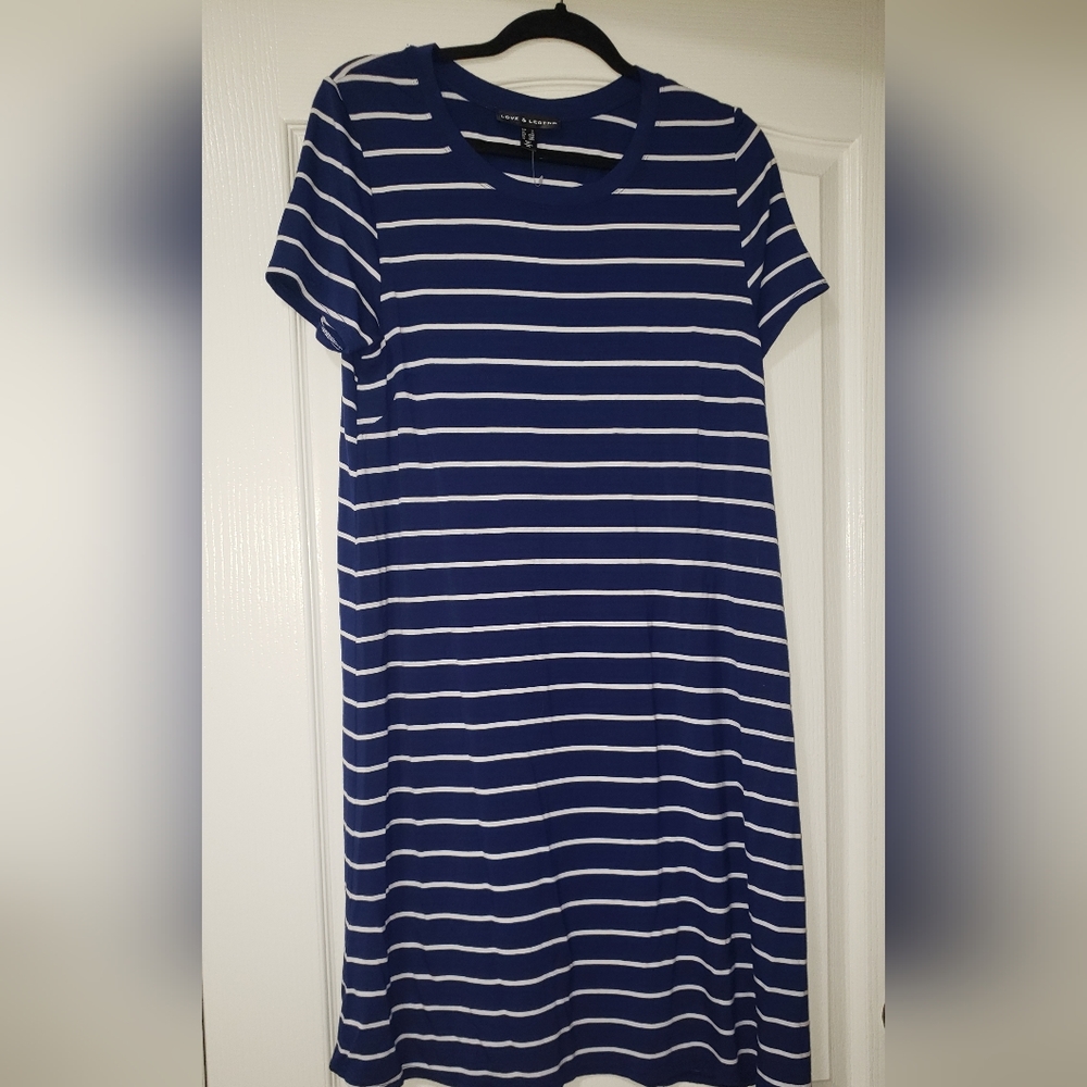 Love & Legend Navy Blue/White Striped T-Shirt Dress 1X NWOT